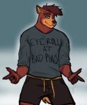 2020 anthro biped bottomwear brown_body chaosdraws claws closed_smile clothed clothed_anthro clothed_male clothing digital_drawing_(artwork) digital_media_(artwork) double_finger_gun english_text facial_piercing finger_claws finger_gun front_view fully_clothed fully_clothed_anthro fully_clothed_male gesture gradient_background hair hand_gesture hi_res male male_anthro mouth_closed nose_piercing nose_ring piercing ring_piercing shirt shorts signature simple_background smile solo species_request text text_on_clothing text_on_shirt text_on_topwear topwear unknown_species