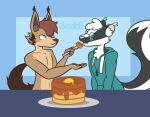 anthro clothed clothing cutlery duo eyewear feeding felid feline food fork glasses hi_res hoodie kitchen_utensils lynx male mammal mephitid nokamiwd nude pancake shirtless simple_background skunk tools topwear wearing_glasses