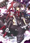  asymmetrical_wings black_hair black_legwear bow bowtie crossed_legs dress fuupu highres houjuu_nue polearm red_eyes short_hair sitting snake solo thighhighs touhou trident weapon wings zettai_ryouiki 