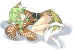  :3 animal_ears braid eyes_closed footwear fox_ears fox_tail green_hair japanese_clothes kimono lying saitou_kon shingetsu_takehito sleeping smile socks solo tail twin_braids white_legwear white_socks 