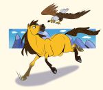 4_legs accipitrid accipitriform ambiguous_gender avian bald_eagle beak bird brown_body brown_feathers brown_hair dreamworks duo eagle ears_back equid equine feathers feral flying hair hi_res hooves horse male mammal mane noehaddock pivoted_ears running sea_eagle simple_background size_difference spirit:_stallion_of_the_cimarron spirit_(cimarron) tail wings