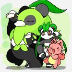 1:1 ambiguous_gender anthro ardest bear cattiva domestic_cat eyes_closed felid feline felis fighting_pose giant_panda group kung_fu leafan_(pal) mammal mossanda on_one_leg pal_(species) palworld pocketpair pose redraw simple_background standing trio whiskers yotsubato!