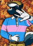 animal_crossing anthro bottomwear chaosdraws clothed clothed_anthro clothed_male clothing collared_shirt front_view fully_clothed fully_clothed_anthro fully_clothed_male hair hi_res humanoid_hands kicks_(animal_crossing) male male_anthro mammal mephitid nintendo pants polo_shirt shirt skunk solo tail topwear white_hair