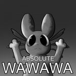 1:1 absolute_cinema ambiguous_gender caption ears_up feral frill_(anatomy) gradient_background greyscale looking_at_viewer monochrome neutral_expression paws plotopobo rain_world raised_paw rivulet_(rain_world) simple_background simple_mouth simple_nose slugcat solo text videocult wawa_(meme) white_text
