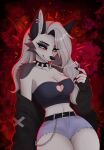 accessory anthro arm_tuft banzai.puppy bare_shoulders belt black_ears bodily_fluids bottomwear breasts candy canid canid_demon canine chain cheek_tuft cleavage_cutout clothed clothing collar crop_top cutout daisy_dukes demon denim denim_bottomwear denim_clothing denim_shorts dessert dripping ear_piercing eyebrow_piercing facial_piercing facial_tuft female food fur grey_body grey_fur hair heart_cutout hellaverse hellhound helluva_boss hi_res hotpants jacket legs_together lollipop loona_(helluva_boss) mammal midriff mythological_canine mythological_creature mythology navel notched_ear off_shoulder open_clothing open_jacket open_topwear piercing red_background saliva saliva_drip saliva_string seductive shirt shorts shoulder_tuft simple_background smile solo spiked_collar spikes strapless_clothing strapless_topwear tongue tongue_out topwear tube_top tuft white_body white_fur