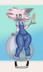 2026 3:5 anthro big_bulge big_tail blue_background blue_clothing blue_eyes blue_overalls blue_shirt blue_t-shirt blue_topwear bulge canid canine canis clothing digitigrade ear_piercing ear_ring ear_tag femboy footwear fur gloves_(marking) gradient_background hair heterochromia hi_res male mammal markings neal_wolf overalls piercing pink_eyes ring_piercing shirt simple_background socks solo stormrayneart t-shirt tail thick_thighs toeless_footwear toeless_socks topwear white_body white_fur white_hair wide_hips wolf