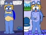 4:3 anthro badge bathroom blonde_hair blue_body blue_eyes bodily_fluids breath canid canine canis digital_media_(artwork) door english_text faster genitals hair haters hi_res humor joke lapiscrowlime male mammal masturbation nipples nude panting penis profanity reptile scalie shell solo standing sweat tears text toilet tongue tongue_out turtle wolf