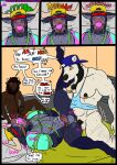 2021 anal animal_noises anthro backwards_baseball_cap backwards_hat ball_gag balls baseball_cap bear beard bed bedroom belly bison black_penis blindfold blue_baseball_cap blue_body blue_fur bodily_fluids bound bovid bovine brown_body brown_fur cattle clothing colored comic dated dialogue english_text facial_hair fraze_(whitecolt_productions) fur furniture gag gagged genitals green_bedding group harness hat headgear headwear hi_res hooves horn humanoid_genitalia humanoid_penis humping inside lying male male/male mammal moan moo mooing motion_lines muffled_moaning musclegut muscular muscular_male navel nipple_piercing nipple_ring nipples on_back on_bed penis piercing pillow pink_ball_gag polar_bear ring_piercing rough_sex saliva sex size_difference speech_bubble spread_legs spreading tank_(whitecolt_productions) text thought_bubble throbbing throbbing_penis thrusting trio url ursine vein veiny_penis white_body white_fur whitecolt_productions william_(whitecolt_productions) yellow_baseball_cap