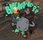 2022 abdominal_bulge anthro awoogasm beer_mug belly big_belly boots burping burping_up_object cape clothing coin coin_pouch collin_(awoogasm) domestic_cat eye_patch eyewear fangs felid feline felis footwear fur gloves gold_(metal) gold_coin handwear holding_beer_mug holding_object hood male mammal navel open_mouth shoes signature sitting sitting_on_stool soft_vore solo sound_effects tail tail_tuft teeth text tongue tongue_out tuft vore wide_eyed