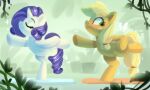 2020 5:3 applejack_(mlp) blonde_hair duo equid equine eyelashes eyes_closed female feral freckles friendship_is_magic green_eyes hair hasbro hi_res hooves horn mammal my_little_pony mythological_creature mythological_equine mythology on_one_leg oofycolorful orange_body pupils quadruped rarity_(mlp) smile standing tail unicorn white_body