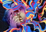 abstract_background anthro black_background blue_eyes bust_portrait cheek_tuft claws conhugo covering detailed ear_tuft eyebrows facial_tuft felid feline fingernails fingers fluffy fur glistening glistening_eyes glowing grey_body grey_hair hair hand_on_cheek hand_on_face headshot_portrait hi_res horn icon inner_ear_fluff lagomorph leporid light lighting looking_at_viewer magic male mammal mouth_closed nails narrowed_eyes pantherine portrait red_eyes shaded short_hair simple_background smoke snow_leopard solo tuft white_body