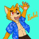 1:1 5_fingers abs anthro black_eyebrows bottomwear brown_bottomwear brown_clothing brown_nose brown_pants canid canine canis clothing english_text eyebrows fingers flower_shirt fur kadel_(kxx2007) kxx2007 male mammal multicolored_body multicolored_fur pants pawpads pink_pawpads red_eyes red_tongue simple_background solo text tongue two_tone_body two_tone_fur white_fangs wolf