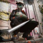 1:1 2026 3d_(artwork) anthro baseball_bat bat_(object) big_breasts black_boots black_bottomwear black_clothing black_footwear black_pants black_tail_tip blurred_background boots bottomwear breasts brick brick_wall candy chromatic_aberration clothed clothing crouching day dessert digit_ring digital_media_(artwork) dipstick_tail dreamworks dutch_angle eyelashes felid female finger_ring food footwear full-length_portrait fur glistening glistening_body graffiti graffiti_on_wall green_clothing green_sclera green_shirt green_topwear hi_res holding_baseball_bat holding_bat holding_candy holding_food holding_lollipop holding_object jacket jewelry kitty_kat_(the_bad_guys) lollipop looking_aside mammal markings open_clothing open_jacket open_topwear outside pantherine pants pattern_clothing pattern_shirt pattern_topwear pink_nose portrait shirt shoes snow_leopard solo spots spotted_body spotted_fur spotted_markings spotted_tail striped_clothing striped_shirt striped_topwear stripes tail tail_markings the_bad_guys thick_thighs tomboy topwear torn_bottomwear torn_clothing torn_pants torn_shirt torn_topwear vilgard wall_(structure) watermark white_body white_fur