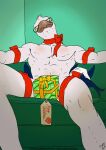 2023 abs anthro avian beak bird blue_body blue_feathers blush bow_ribbon christmas colored corvid corvus_(genus) dated english_text eyewear feathers furniture glasses green_gift green_sofa green_wall hi_res holidays looking_at_viewer male merry_christmas muscular nude nude_male oscine passerine raven red_bow sitting sofa solo spread_legs spreading text url wearing_glasses white_body white_feathers whitecolt_productions