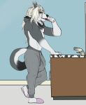 2020 anthro bathroom big_bulge biped bottomwear brush brushing brushing_teeth bulge canid canine canis chaosdraws clothed clothed_anthro clothed_male clothing detailed_bulge digital_drawing_(artwork) digital_media_(artwork) domestic_dog footwear fur genital_outline grey_body grey_bottomwear grey_clothing grey_fur grey_pants grey_sweatpants hair hal_(vargfriend) hi_res inner_ear_fluff inside long_hair looking_at_viewer male mammal neck_tuft pants penis_outline shoes side_view slippers solo standing sweatpants tail toothbrush topless topless_anthro topless_male tuft white_hair