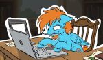 2026 blue_body blue_fur blue_hooves bodily_fluids book bookshelf cardinal_shield_(swordfox) chair compass_rose computer cutie_mark desk drooling electronics equid equine feathered_wings feathers feral fetlocks fur furniture hasbro hooves inside james_carter_(swordfox) laptop looking_at_computer looking_at_laptop looking_at_object mammal mane my_little_pony mythological_creature mythological_equine mythology object_in_mouth office_chair on_chair orange_mane orange_tail outline paper pegasus rtiiis-3 saliva sitting sitting_on_chair solo table tail targe white_outline window wings writing_utensil
