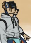 2020 anthro blue_body briefs bulge chaosdraws closed_smile clothed clothed_anthro clothed_male clothing digital_drawing_(artwork) digital_media_(artwork) drawstring_hoodie dreadlocks facial_tuft fur gradient_background hi_res hoodie looking_at_viewer male male_anthro mammal mephitid mouth_closed side_view simple_background skunk smile smiling_at_viewer solo topwear tuft underwear