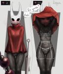 anthro arthropod bead beads blush bodily_fluids bow_panties bow_underwear bra breasts cloak clothed clothing clothing_lift comic covering covering_crotch denysabo dialogue digital_drawing_(artwork) digital_media_(artwork) embarrassed english_text eyelashes female garter_belt garter_straps heart_symbol hi_res hollow_knight:_silksong hollow_knight_(franchise) hornet's_needle hornet_(hollow_knight) lace legs_together lingerie looking_at_viewer nipples panties prayer_beads presenting_body prostitution red_cloak red_clothing rosary shaking signature simple_background small_breasts small_waist solo speech_bubble sweat team_cherry text thick_thighs thigh_gap translucent translucent_clothing translucent_underwear underwear undressing_self weapon wide_hips