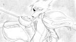 16:9 anthro canid canine canis cape clothing dragonweirdo eye_patch eyewear handrail hi_res holding_object holding_weapon kimera_(dragonweirdo) male mammal melee_weapon monochrome scabbard solo sparks sword tail weapon widescreen wolf