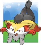2024 aliasing ambiguous_anthro ambiguous_gender anthro binary_drawing biped bodily_fluids border braixen butt canid cute_fangs digital_drawing_(artwork) digital_media_(artwork) dipstick_tail fangs full-length_portrait generation_6_pokemon hand_on_head hi_res looking_at_viewer lying mammal markings nintendo on_front outside plantigrade pokemon pokemon_(species) portrait smile solo steam sweat tail tail_markings teeth tongue vilepluff white_border