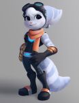 2026 absurd_res anthro belt blue_eyes boots cheek_scar clothing cybernetic_arm cybernetic_limb ear_piercing ear_ring eyebrows eyewear eyewear_on_head facial_scar female footwear fur gloves goggles goggles_on_head hand_on_hip handwear head_tuft hi_res lombax mammal markings piercing ratchet_and_clank ring_(marking) ring_piercing ringed_tail rivet_(ratchet_and_clank) scar scarf shoes smile solo sony_corporation sony_interactive_entertainment striped_body striped_fur striped_markings striped_tail stripes tail tail_markings time_fluffy500 tuft