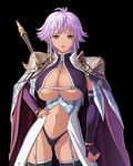  armor bikini_bottom blush breasts cleavage dark_skin erect_nipples garter_belt gladys_(kyonyuu_fantasy) gladys_von_walkenheim kyonyuu_fantasy kyonyuu_fantasy_gaiden large_breasts navel no_bra panties purple_hair underboob underwear waffle 