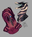 ambiguous_gender anthro blue_eyes compsognathid compsognathus cryptid_jhin dinosaur duo feathered_dinosaur feathered_scalie feathers hi_res multicolored_body multicolored_feathers orange_eyes prehistoric_species reptile saurischian scalie striped_body stripes teeth theropod troodon troodontid