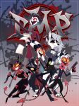 absurd_res action_pose anthro avian bird blitzo_(helluva_boss) bonesandspices canid canid_demon canine canis cellphone demon electronics female group group_photo gun handgun hellaverse hellhound helluva_boss hi_res imp knife loona_(helluva_boss) male mammal millie_(helluva_boss) moxxie_(helluva_boss) mythological_canine mythological_creature mythology owl paperwork phone pistol pose ranged_weapon smartphone smile stolas_(helluva_boss) weapon wolf
