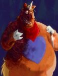 abstract_background anthro blonde_mane bloodshot_eyes buddy_(film) buddy_the_unicorn burn_scar burned_fur burnt_clothing cageyshick05_(artist) equid equine exposed_muscle exposed_teeth fingers fur gore hair heart_fur_pattern hi_res holding_knife holding_object hooved_fingers hooves horn kerchief knife male mammal mane messy_hair mythological_creature mythological_equine mythology orange_body orange_fur overweight overweight_male purple_body purple_fur red_kerchief scar solo tail unicorn watermark white_hooves white_horn yellow_tail