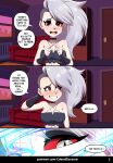 2026 anthro breasts canid canid_demon canine clothing comic cubedcoconut demon dialogue door english_text eyebrows eyelashes female female_anthro female_human fingers fur furniture grey_hair hair hellaverse hellhound helluva_boss hi_res human human_loona_(helluva_boss) human_to_anthro inside light_body light_skin loona_(helluva_boss) mammal mythological_canine mythological_creature mythology page_number pupils red_eyes red_sclera red_sofa slit_pupils sofa solo species_transformation speech_bubble text transformation url white_body white_eyes white_fur white_sclera window