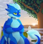absurd_res blue_body blue_tail blue_wings claws cloud crossed_arms detailed_background digital_media_(artwork) dragon dragon_tail dragon_wings eyebrows fangs fence field folded_wings front_view grass grass_field green_eyes hair hi_res light long_tail looking_at_viewer male mountain mythological_creature mythological_scalie mythology nature outside plant raio scales scalie short_hair side_view skandikuwu sky smile smirk solo summer sun sunlight sunset tail teeth tree wings