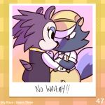 1:1 2023 4_fingers animal_crossing anthro arms_bent ascot bangs biped black_clothing black_dress black_eyes black_nose blue_body blue_eyelids blue_fur blue_tail bottomwear brown_eyes brown_inner_ear button_(fastener) cel_shading cheek_tuft clothed clothed_anthro clothed_female clothed_male clothing collared_shirt colored cookieboy011 digital_drawing_(artwork) digital_media_(artwork) dress dress_shirt duo english_description english_text eulipotyphlan exclamation_point eye_contact eyelashes facial_tuft female female_anthro fingers fully_clothed fully_clothed_anthro fully_clothed_male fur grey_tail hair hand_on_arm hat headgear headwear hedgehog interspecies kicks_(animal_crossing) label_able lidded_eyes light lighting looking_at_another male male/female male_anthro mammal mephitid mouthless multicolored_body multicolored_fur nintendo no_pupils number orange_ascot pants pattern_background pattern_clothing photo plaid plaid_ascot plaid_background plaid_clothing pupils purple_body purple_fur purple_hair purple_tail romantic romantic_ambiance shaded shirt simple_background skunk story story_in_description suspenders tail tan_face tan_nose text topwear tuft two_tone_tail white_clothing white_hair white_pupils white_sclera white_topwear yellow_bottomwear yellow_clothing yellow_hat yellow_headwear yellow_pants