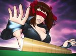  amami_haruka blindfold breasts brown_hair cleavage elbow_gloves facing_viewer fingerless_gloves gloves hair_ribbon idolmaster idolmaster_(classic) lips mahjong mahjong_tile medium_breasts popped_collar red_blindfold ribbon short_hair smile solo wata_do_chinkuru 