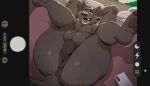 anthro anus backwards_baseball_cap backwards_hat balls baseball_cap baseball_cap_only big_butt brown_body brown_fur butt canid canine canis clothing fur genitals gh0stfood hands_behind_head hat headgear headwear legs_up looking_at_viewer lying male mammal muscular muscular_anthro muscular_male nipples on_back perineum selfie smile solo wolf