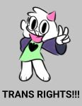 ambiguous_gender anthro black_eyewear black_glasses black_sleeves black_text bovid caprine clothing darkner deltarune exclamation_point eyewear floppy_ears gesture glasses goat green_clothing green_robe grey_background hand_gesture head_tuft hi_res horn lgbt_pride looking_at_viewer mammal open_mouth pink_horn ralsei robe simple_background simple_eyes simple_mouth solo standing text trans_(lore) trans_woman_(lore) tuft undertale_(series) v_sign veido white_body white_ears white_hands white_paws