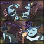 1:1 absurd_res canid canine collar comic dialogue eeveelution english_text female fence frill_(anatomy) generation_1_pokemon grass head_crest head_frill hi_res kiddie_pool leg_scar mammal motion_lines nintendo outside plant pokemon pokemon_(species) poofythedragon profanity scar scars_on_back shock_collar slave splashing_water story swimming_pool tail tail_motion teeth text thigh_scar tree vaporeon water wounded