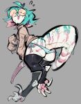 anthro big_butt black_latex blue_hair blush blush_lines bodily_fluids breasts btascandalist butt claws clothing digitigrade embarrassed eyewear female female_anthro glasses grey_background hair latex latex_clothing latex_legwear latex_stockings latex_thigh_highs legwear lizard nervous panties pawpads paws pink_hair rear_view reptile round_glasses scalie short_hair shy sickle_claw simple_background solo stirrup_legwear stirrup_stockings stockings sweat sweatdrop sweater tail tapering_tail thick_thighs thigh_highs toe_claws topwear underwear wearing_glasses wide_hips