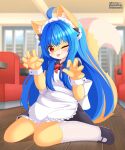 absurd_res ahoge ballerina_shoes big_tail black_clothing black_footwear black_shoes blep blue_hair blush canid canine cheek_tuft city claw_pose clothing cuffs_(clothing) dakeneshi day facial_tuft female floor fluffy fluffy_tail footwear fox fur hair hi_res inner_ear_fluff inside kemono knee_highs kneeling legwear long_hair maid_cafe maid_headdress maid_uniform mammal markings mottled on_ground one_eye_closed piebald red_eyes red_ribbon ribbons shoes solo tail tail_markings tongue tongue_out tuft uniform waiter white_body white_clothing white_fur white_knee_highs white_legwear wink wood wood_floor
