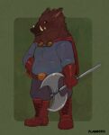 anthro axe better_version_at_paywall cloak clothing fantasy flabberd fluffy male mammal solo standing suid suine sus_(pig) tusks wild_boar