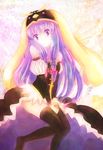  animal_hat bad_id bad_pixiv_id bare_shoulders bird black_legwear blush cosplay detached_sleeves hat highres long_hair mawaru_penguindrum open_mouth patchouli_knowledge princess_of_the_crystal princess_of_the_crystal_(cosplay) purple_eyes purple_hair solo thighhighs touhou very_long_hair zinczinc_ka 