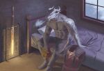 2025 4_toes 5_fingers abs absurd_res anthro armor barefoot bed bedroom biceps black_bottomwear black_clothing black_pants blue_eyes bottomwear breath clothed clothed_anthro clothed_male clothing deltoids detailed_background digital_drawing_(artwork) digital_media_(artwork) dragonborn_(dnd) dungeons_and_dragons feet fingers finn_lockehart_(jensenthegator) front_view full-length_portrait furniture grey_body grey_scales hasbro head_horn hi_res holding_object horn inside kingarthur_i looking_aside male male_anthro melee_weapon muscular muscular_anthro muscular_male on_bed open_mouth pants pants_only pecs pillow portrait pupils scales scalie sitting sitting_on_bed slit_pupils solo sword toes topless topless_anthro topless_male trapezius wall_(structure) weapon window wizards_of_the_coast