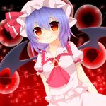  arms_behind_back ascot bat_wings blue_hair brooch hat jewelry red_eyes remilia_scarlet short_hair smile solo touhou upper_body wings yuria_(kittyluv) 