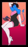 absurd_res armwear blue_body blue_skin boots clothed clothing cosplay crossdressing elbow_gloves femboy footwear gloves handwear hi_res high_heeled_boots high_heels horn imp legwear male red_eyes rouge_the_bat sega shoes sonic_the_hedgehog_(series) tail thigh_boots thigh_highs tight_clothing trevhart