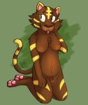 animal_crossing anthro bangle_(animal_crossing) blep body_hair breasts brown_body brown_fur exposed_breasts felid female fluffy fur genitals hand_on_head happy_trail hi_res kneeling mammal nintendo nudekitty pantherine pawpads pink_pawpads shaded soft_shading solo tiger tongue tongue_out vulva yellow_body yellow_fur