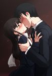  1girl arm_grab black_hair blush breath brown_eyes brown_hair couple faceless faceless_male formal french_kiss heart hetero hijikata_keisuke kiss long_hair long_sleeves necktie null_(nyanpyoun) profile sakamoto_mio scarf shaded_face strike_witches suit sweat trembling white_scarf world_witches_series 