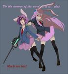  animal_ears bifrst black_legwear blood bunny bunny_ears crazy_eyes engrish gun holding holding_syringe lavender_hair long_hair miniskirt multiple_girls necktie open_mouth ranguage red_eyes red_neckwear reisen reisen_udongein_inaba rifle shoes short_hair skirt spoilers surprised syringe thighhighs time_warp_rifle touhou very_long_hair weapon 