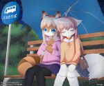 6:5 absolute_territory ahoge ailurid anthro bench big_tail black_clothing black_legwear black_thigh_highs blue_bottomwear blue_clothing blue_eyes blue_skirt bottomwear braided_hair brown_body brown_fur bus_stop canid canine clothing collar dakeneshi duo ear_markings eyes_closed female female/female fluffy fluffy_tail fox fur hair handbag hi_res holding_object holding_umbrella inner_ear_fluff kemono leaning_on_another legwear mammal markings messenger_bag mottled night orange_body orange_fur piebald pleated_skirt purple_bottomwear purple_clothing purple_skirt purse raining red_panda red_ribbon ribbons romantic school_uniform sitting skirt sleeping sweater tail tail_markings text thigh_highs topwear tuft umbrella uniform url white_body white_fur