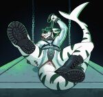 ako_(akoshrk) anthro anus aquatic bdsm black_background boots chastity_belt chastity_device clothing collar cuff_(restraint) facial_piercing fin fish footwear green_body harness hi_res leash leash_pull leashed_collar lying male male_anthro metal_collar metal_cuffs multicolored_body nose_piercing nose_ring on_back piercing presenting restraints ring_piercing shark sharp_teeth shirt shoes simple_background slit_chastity solo striped_body stripes submissive submissive_anthro submissive_male tapering_tongue teeth tongue tongue_out topwear vrobei white_body