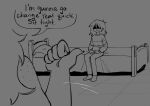 ambiguous_gender anthro bed bottomwear claws clothed clothing deltarune dialogue duo freckled_shoulders freckles fully_clothed furniture hair human inside kris_dreemurr lightner mammal monochrome on_bed pants pillow reptile scalie sitting sitting_on_bed speech_bubble strawberristorm susie_(deltarune) topwear undertale_(series)