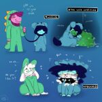 1:1 acting_like_a_dog ambiguous_gender anthro asking_another bite blue_background blue_body blue_hair blue_hands blue_onesie blue_skin blue_tail bovid caprine clothing collar darkner deltarune dialogue eating eating_moss english_text eyebrows eyewear female_(lore) food_on_face glasses goat green_eyewear green_glasses green_onesie grin group growling hair head_tuft hi_res human improvised_toy kris_dreemurr leash looking_at_another looking_back male_(lore) mammal messy_eater monster motion_lines narration nervous neutral_expression onesie onomatopoeia orange_eyes pawpads pink_eyebrows pink_inner_ear pink_mouth pink_pawpads purple_body purple_hair purple_hands question_mark ralsei serulean signature simple_background simple_eyes sitting smile snout sound_effects spamton_g._spamton standing susie_(deltarune) tail text tuft undertale_(series) white_body white_ears white_hands white_paws